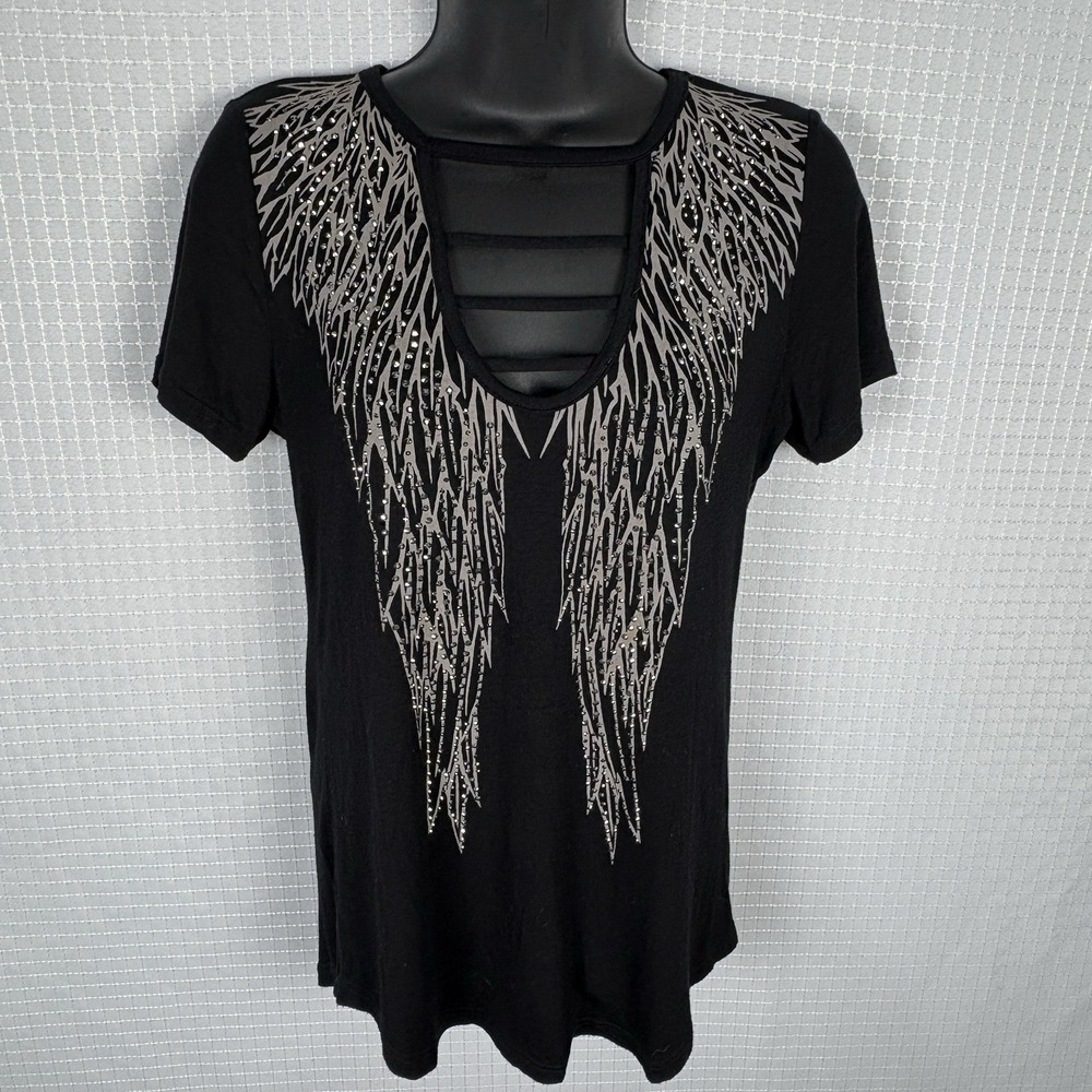 Vocal Angel Wings Top Womens Small Ladder Cutout Rhinestones Graphic Baddie Vamp